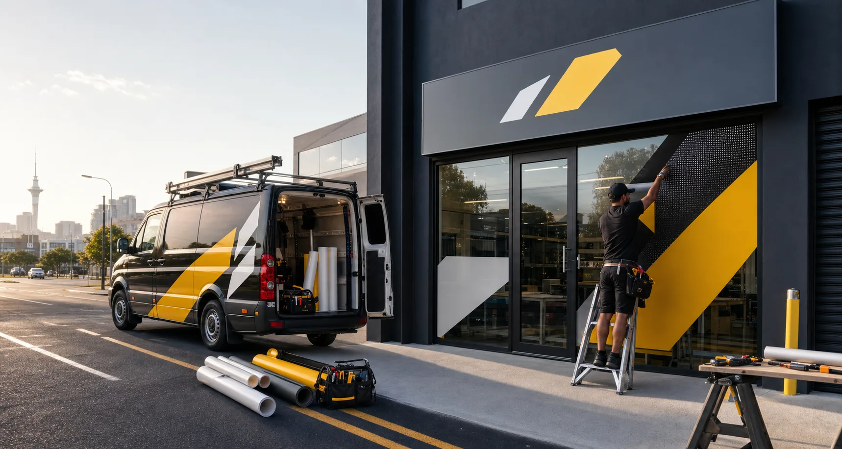 Modern Auckland signage installation with vehicle and shop-front graphics
