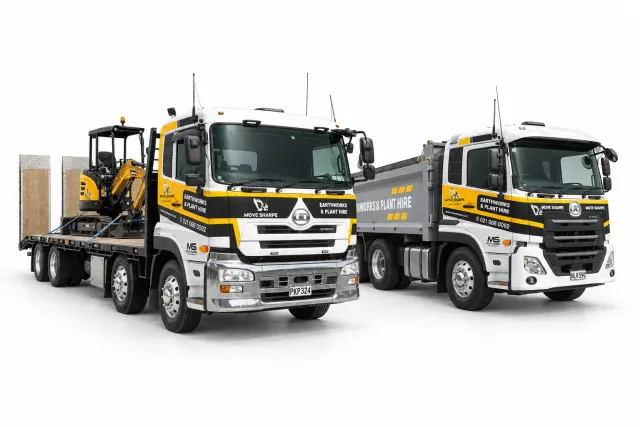 Studio-style front-quarter composition of a Move Sharpe transporter and tipper with matching yellow-and-black cab signage.