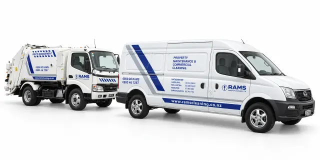 Studio-style composition of a RAMS service van and waste-management truck with matching blue-and-grey branding.