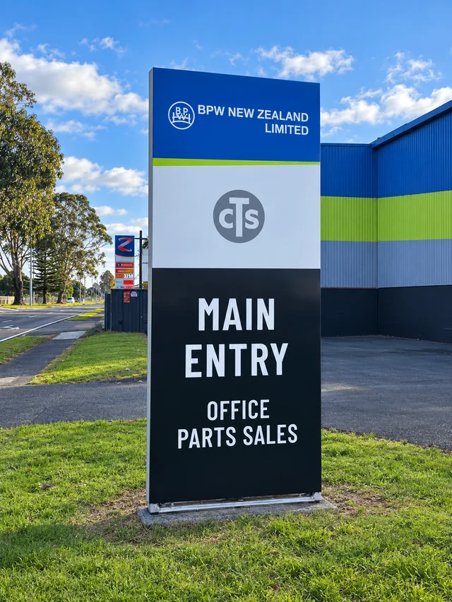 BPW New Zealand and CTS entrance plinth with Main Entry, Office and Parts Sales wording.