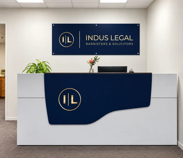 Indus Legal reception with a navy wall sign and a shaped navy-and-gold desk panel.